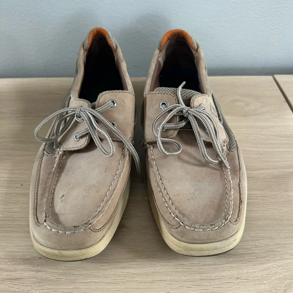 Sperry Men’s Suede Boat Shoes in Light Beige with Tan Trim